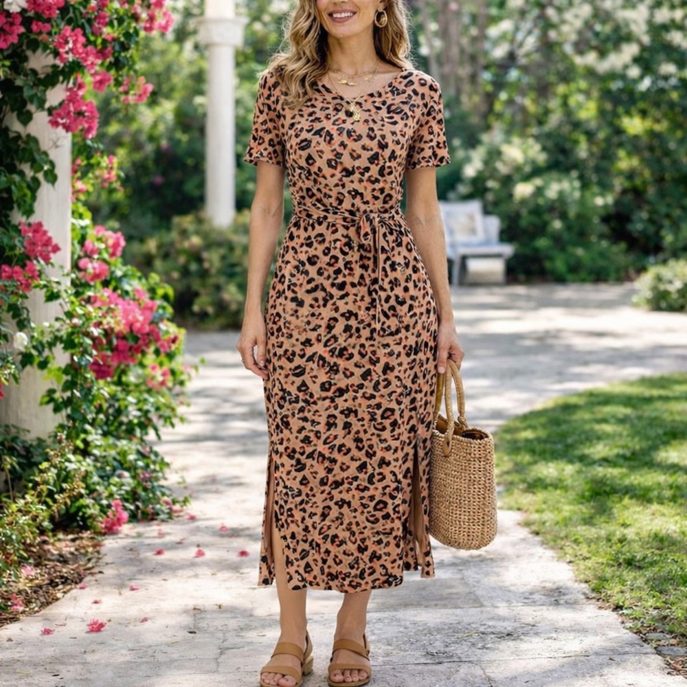LOFT Animal Print Short Sleeve Midi Dress NEW size M